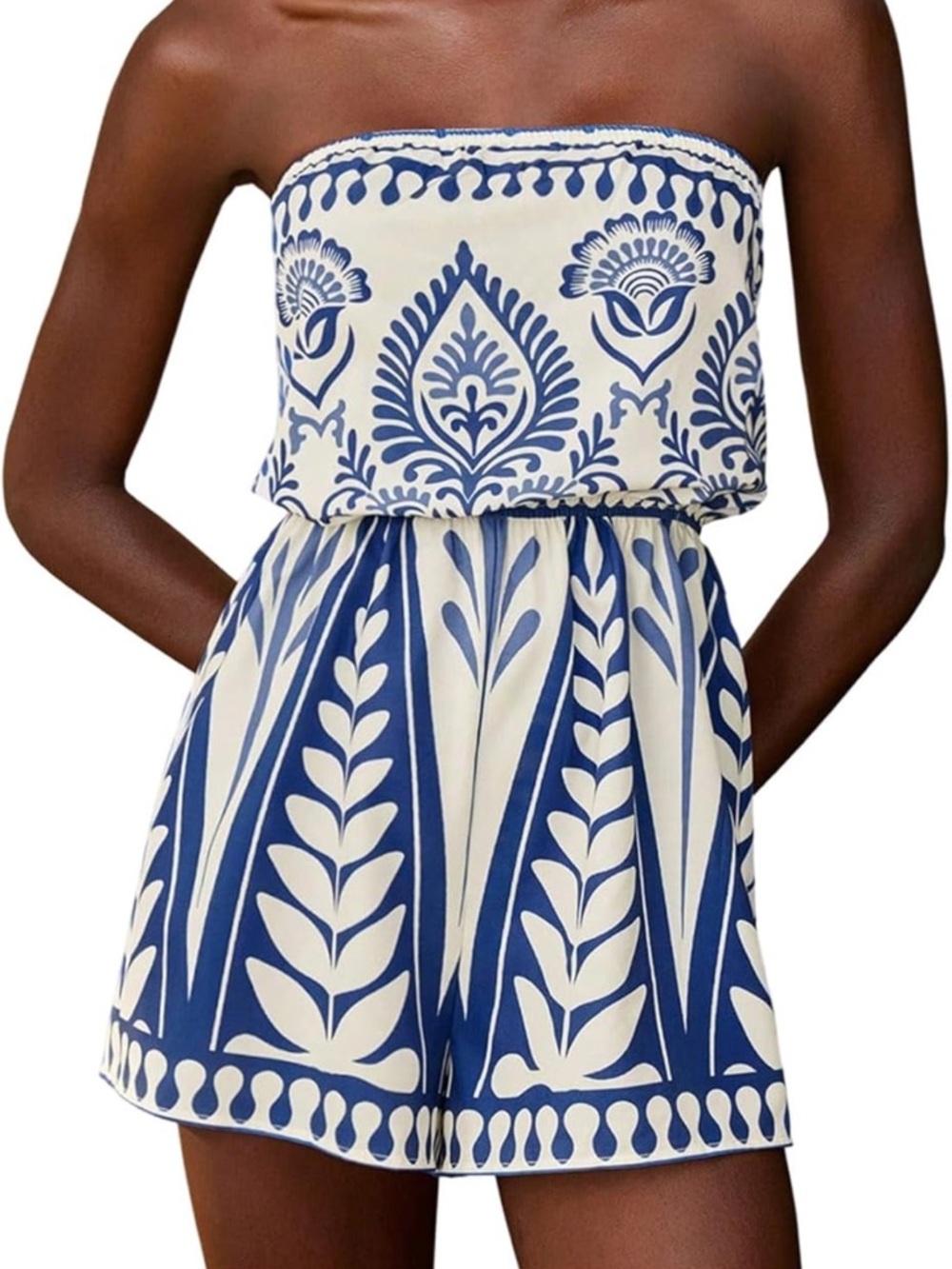 Strapless Blue & Cream Printed Romper - Casual Summer Jumpsuit